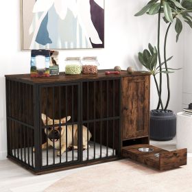 47.5 inch Dog Crate Furniture with Hidden Pull-out Bowls in Drawer for Small and Medium Dogs