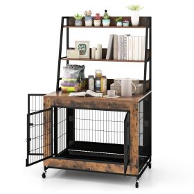 Industrial Dog Kennel Dog Crate Furniture with Storage Shelves (Color: Rustic Brown)